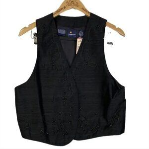 NWT Vintage 100% Silk Liz Sport Black Beaded Vest
